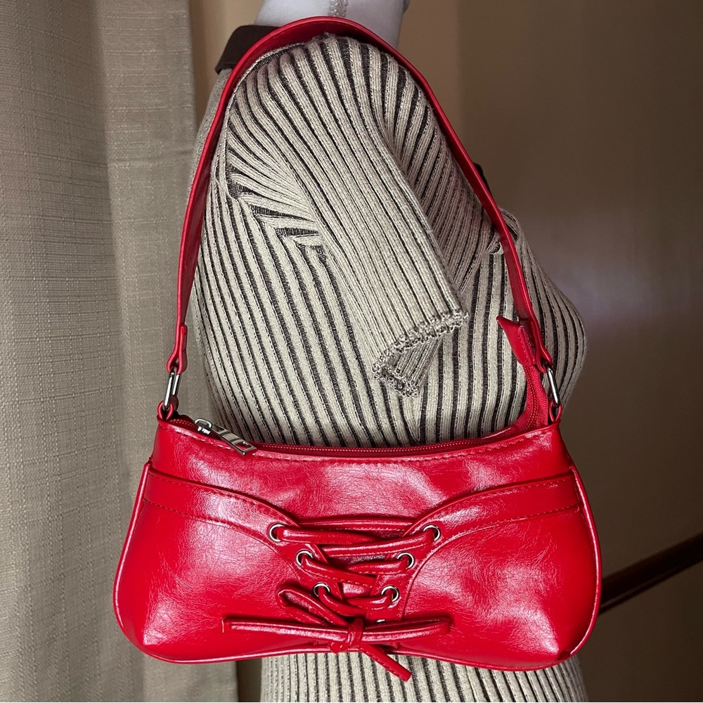 Red Y2K Leather Lace-Up Design Women's Bag